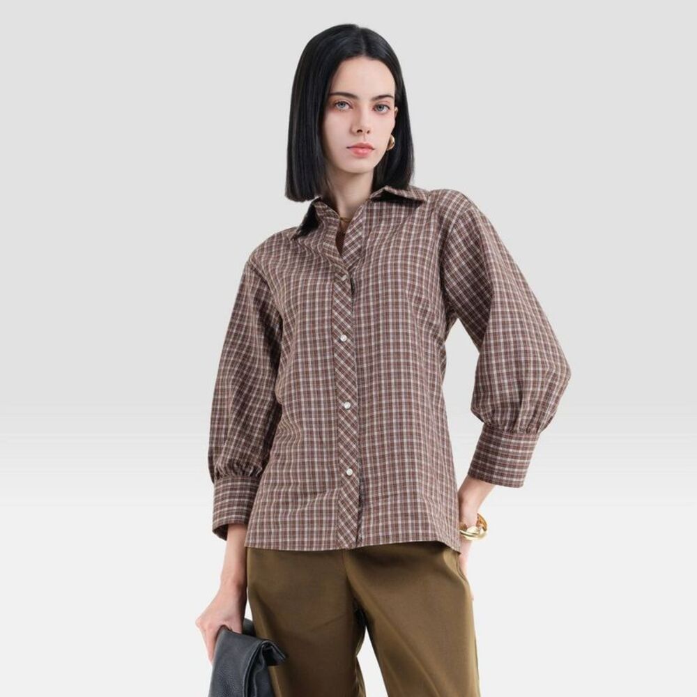Women's 3/4 Sleeve Collared Neck Shirt - Universal Thread Brown Plaid XXL